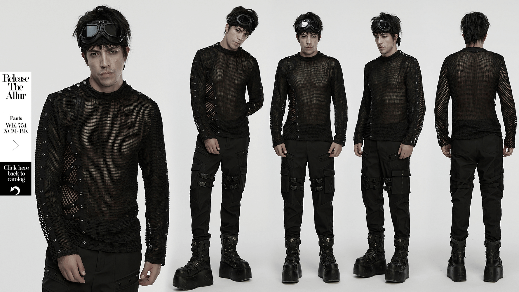 Gothic Long Sleeve Black Mesh Top with Eyelet Straps showcased by model, featuring asymmetrical design and bold styling.