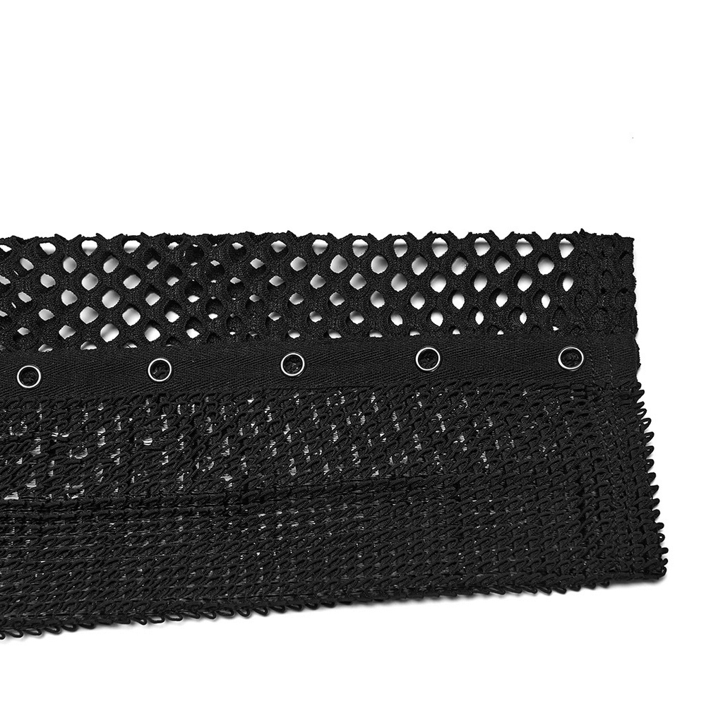 Gothic Long Sleeve Black Mesh Top with Eyelet Straps detailed view of textured mesh fabric and metal eyelets.