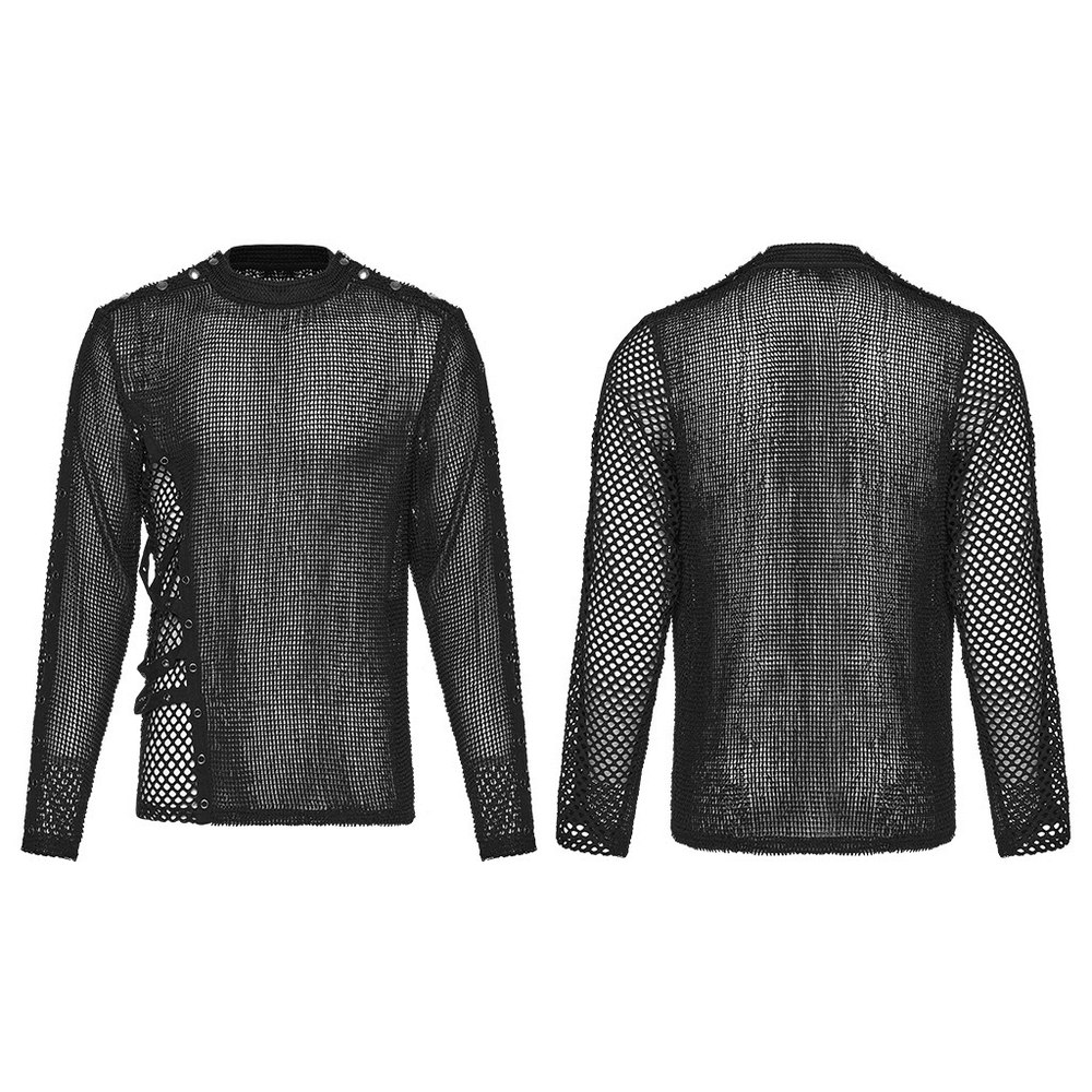 Gothic Long Sleeve Black Mesh Top with Eyelet Straps featuring asymmetric lace-up design and metal eyelet details.