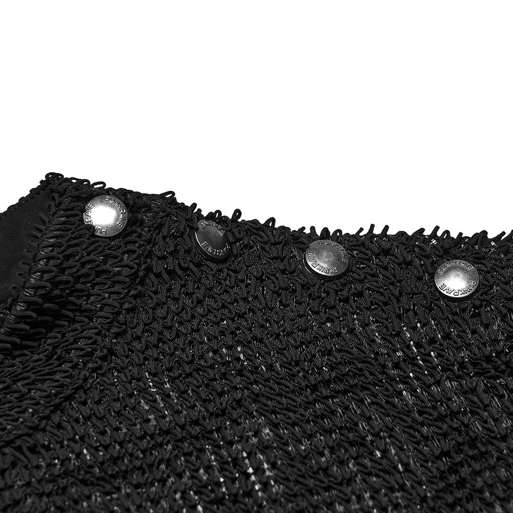 Gothic Long Sleeve Black Mesh Top with Eyelet Straps showing textured black mesh and shoulder snap details.