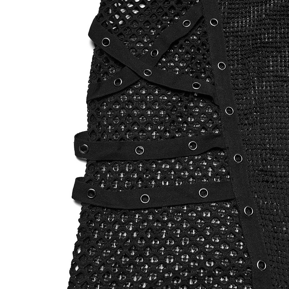 Gothic Long Sleeve Black Mesh Top with Eyelet Straps featuring metal eyelets and textured mesh design.