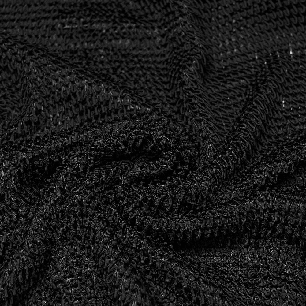 Gothic Long Sleeve Black Mesh Top with Eyelet Straps fabric close-up showcasing textured black mesh design.