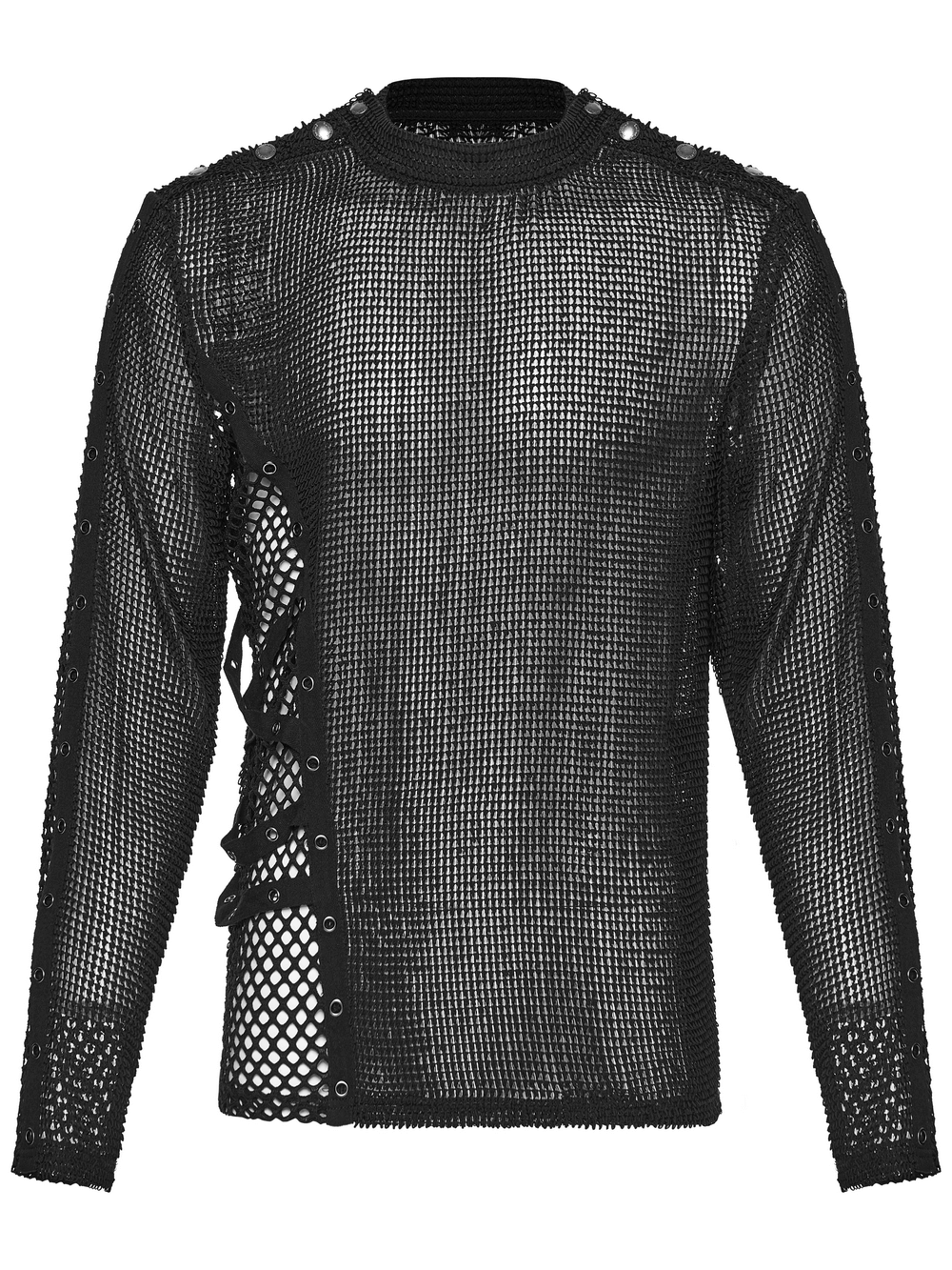Gothic Long Sleeve Black Mesh Top with Eyelet Straps featuring a unique asymmetric lace-up design.