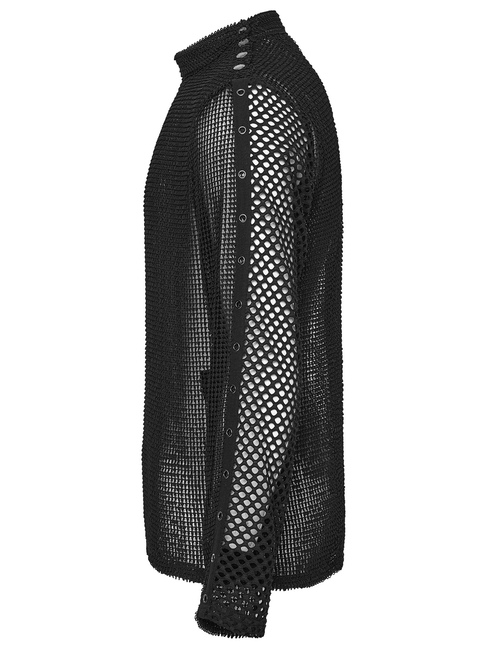 Gothic Long Sleeve Black Mesh Top with Eyelet Straps showcasing edgy side view with mesh texture and button details.