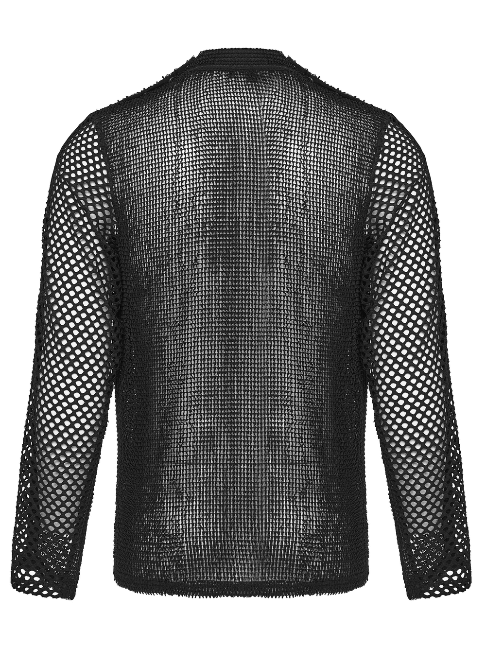 Gothic Long Sleeve Black Mesh Top with Eyelet Straps, showcasing its intricate mesh design from the back angle.