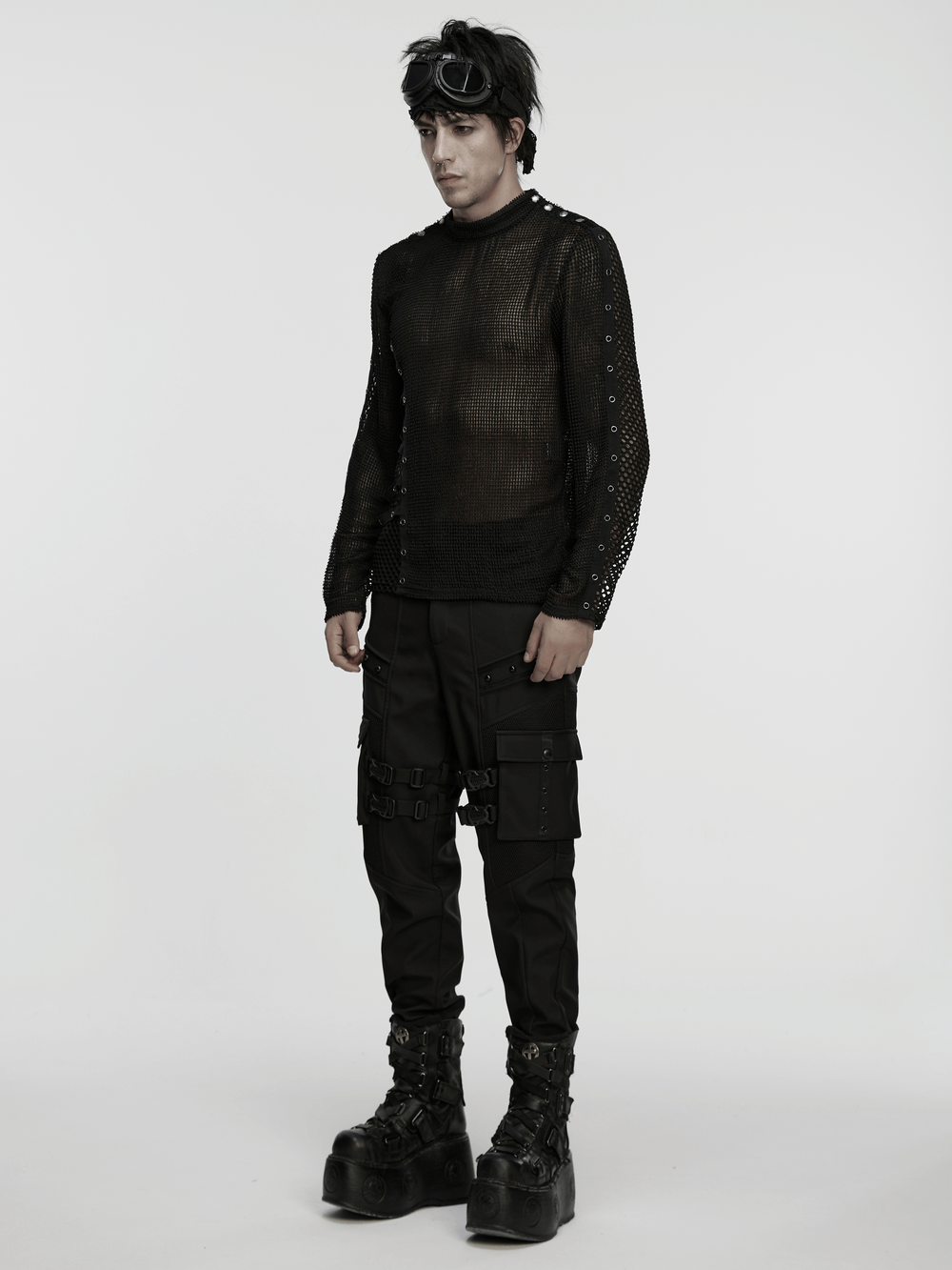 Gothic Long Sleeve Black Mesh Top with Eyelet Straps worn by a model, showcasing punk style and edgy fashion.