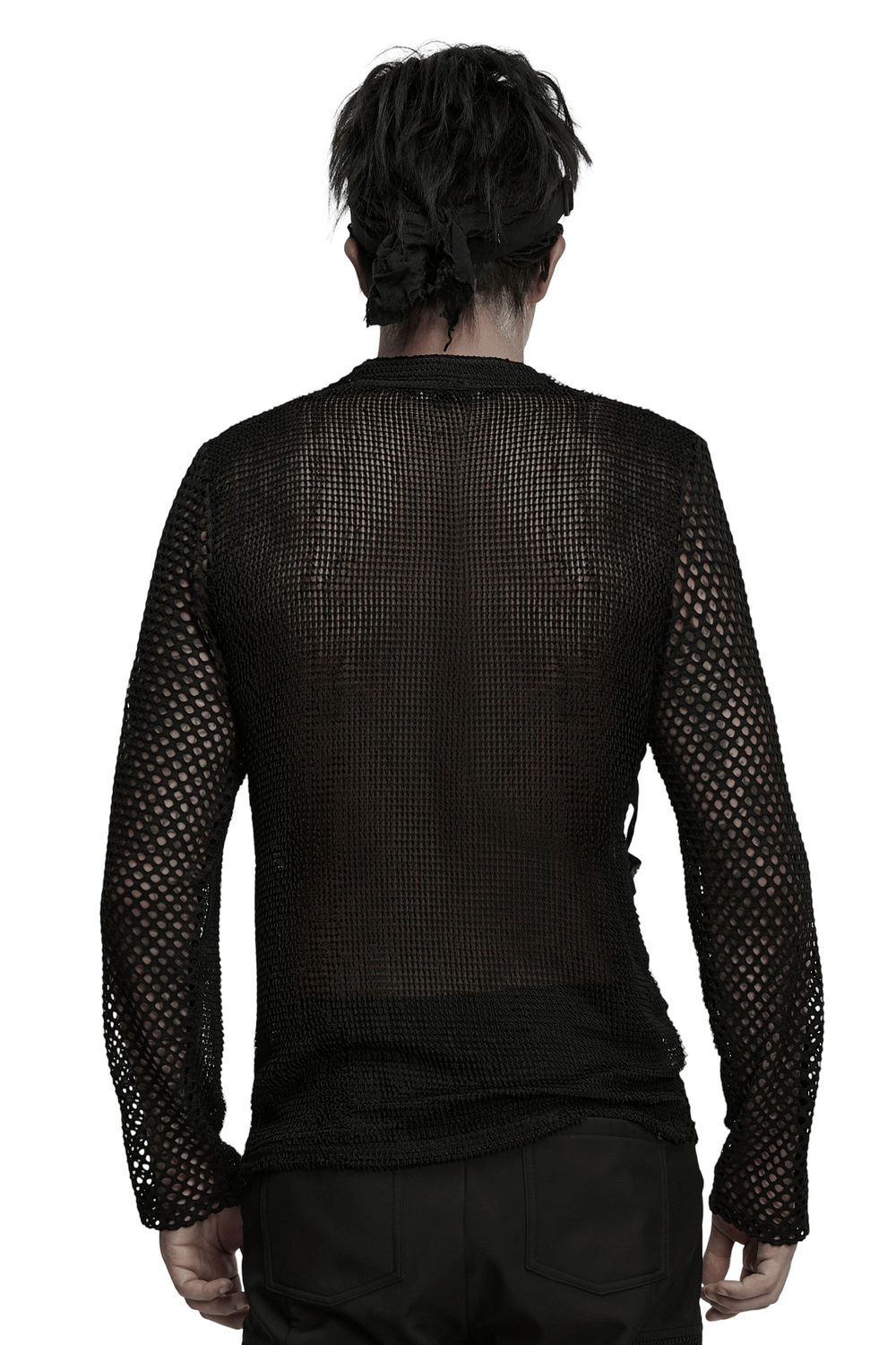 Gothic Long Sleeve Black Mesh Top with Eyelet Straps showcased from the back, featuring a textured mesh design.