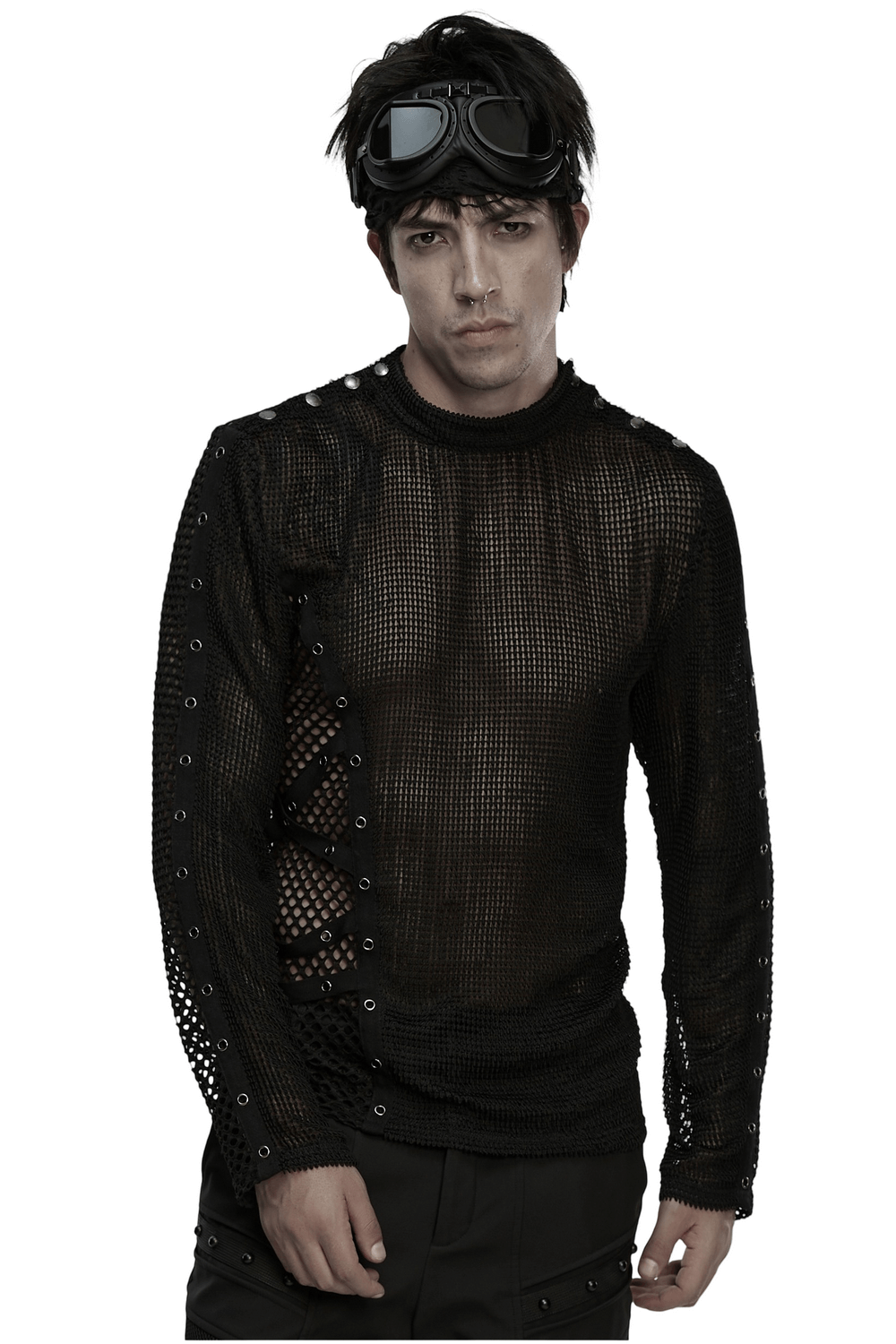 Gothic Long Sleeve Black Mesh Top with Eyelet Straps worn by model, showcasing punk style with asymmetric design.