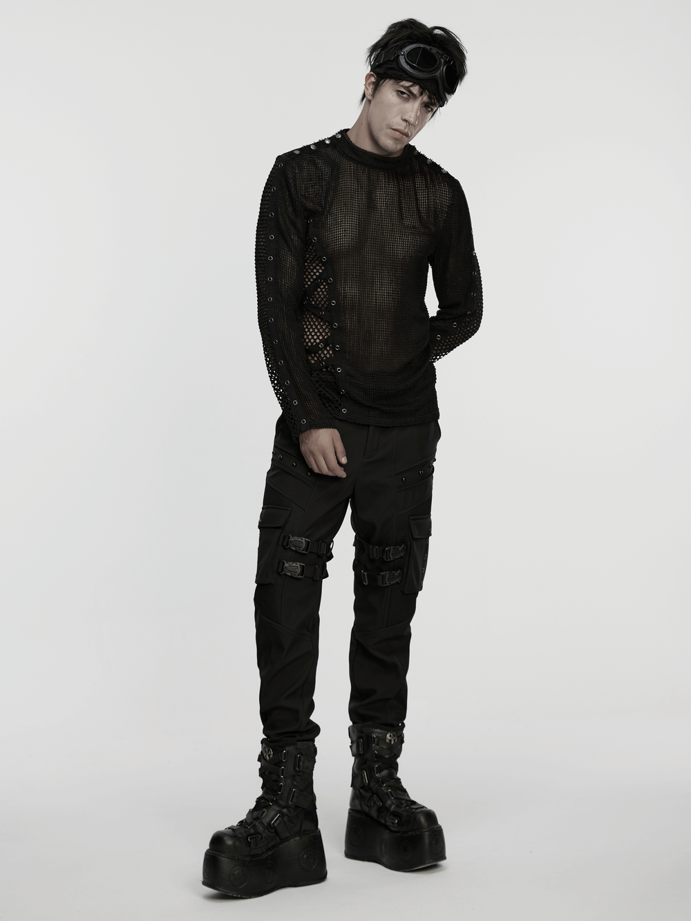 Gothic Long Sleeve Black Mesh Top with Eyelet Straps worn by model showcasing punk style and edgy fashion.