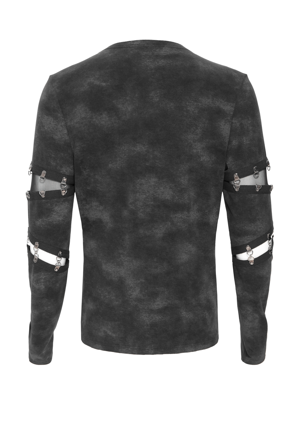 Gothic Long Sleeve Top with Chains and Cutout Design showcasing a distressed back with mesh strap details.
