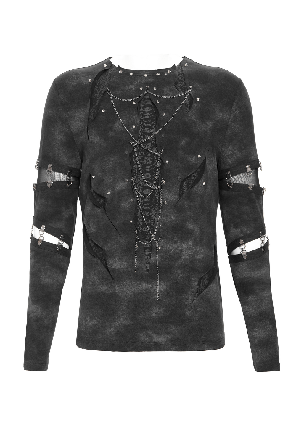 Gothic Long Sleeve Top with Chains and Cutout Design featuring distressed fabric and stud accents.
