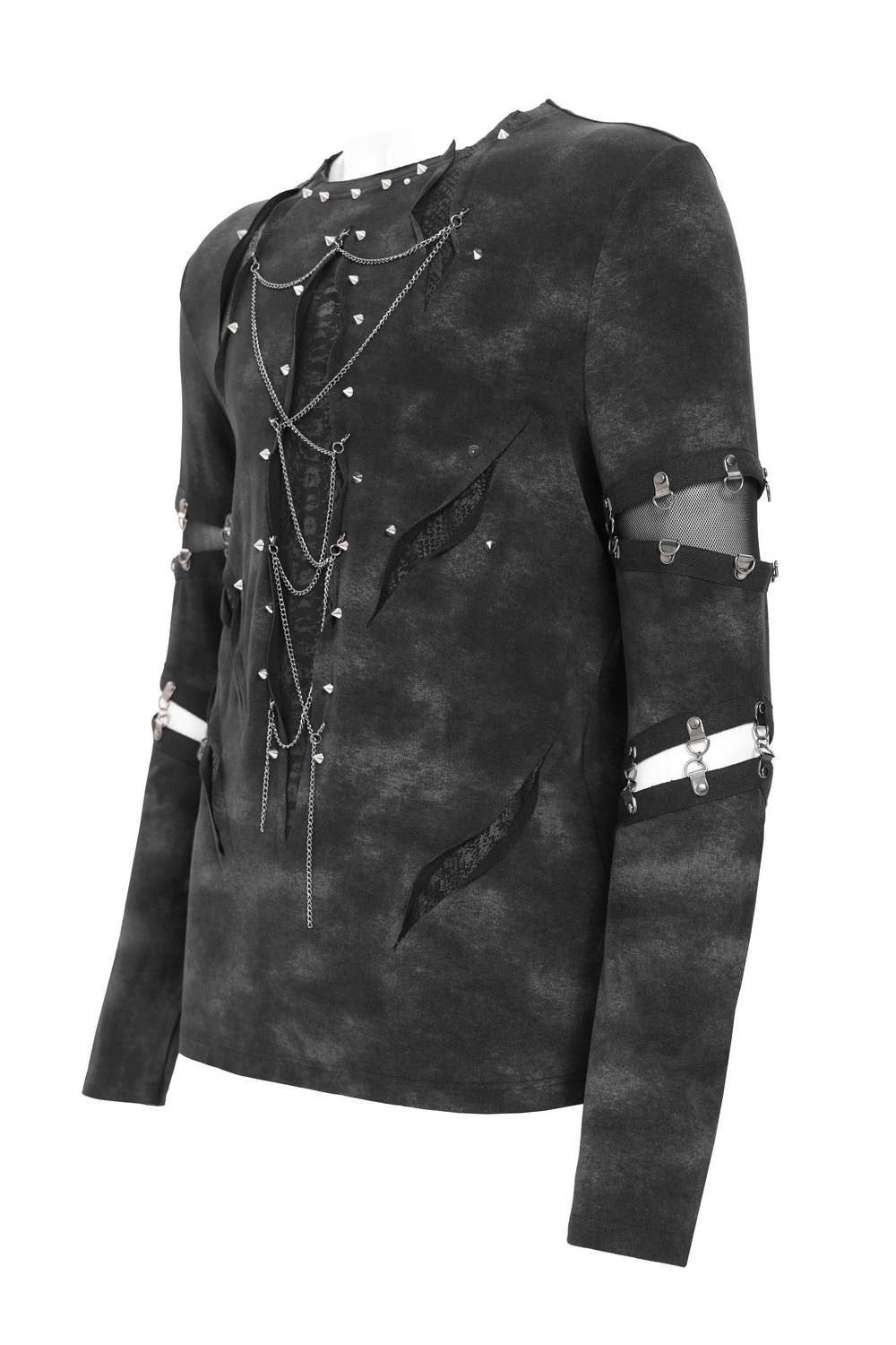 Gothic Long Sleeve Top with Chains and Cutout Design featuring distressed fabric, metal chains, and striking stud accents.
