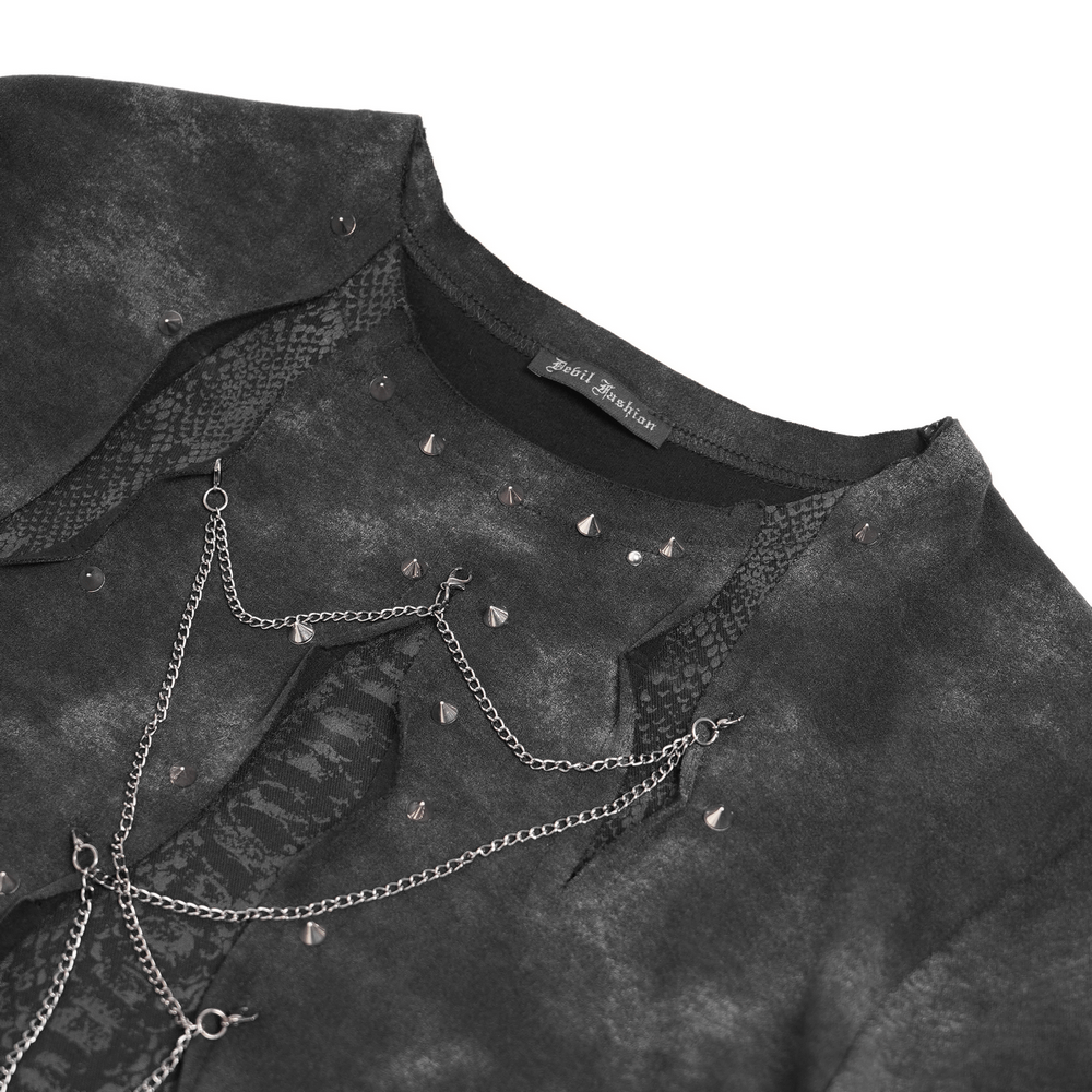 Gothic Long Sleeve Top with Chains and Cutout Design featuring studs, chains, and distressed fabric for a punk aesthetic.