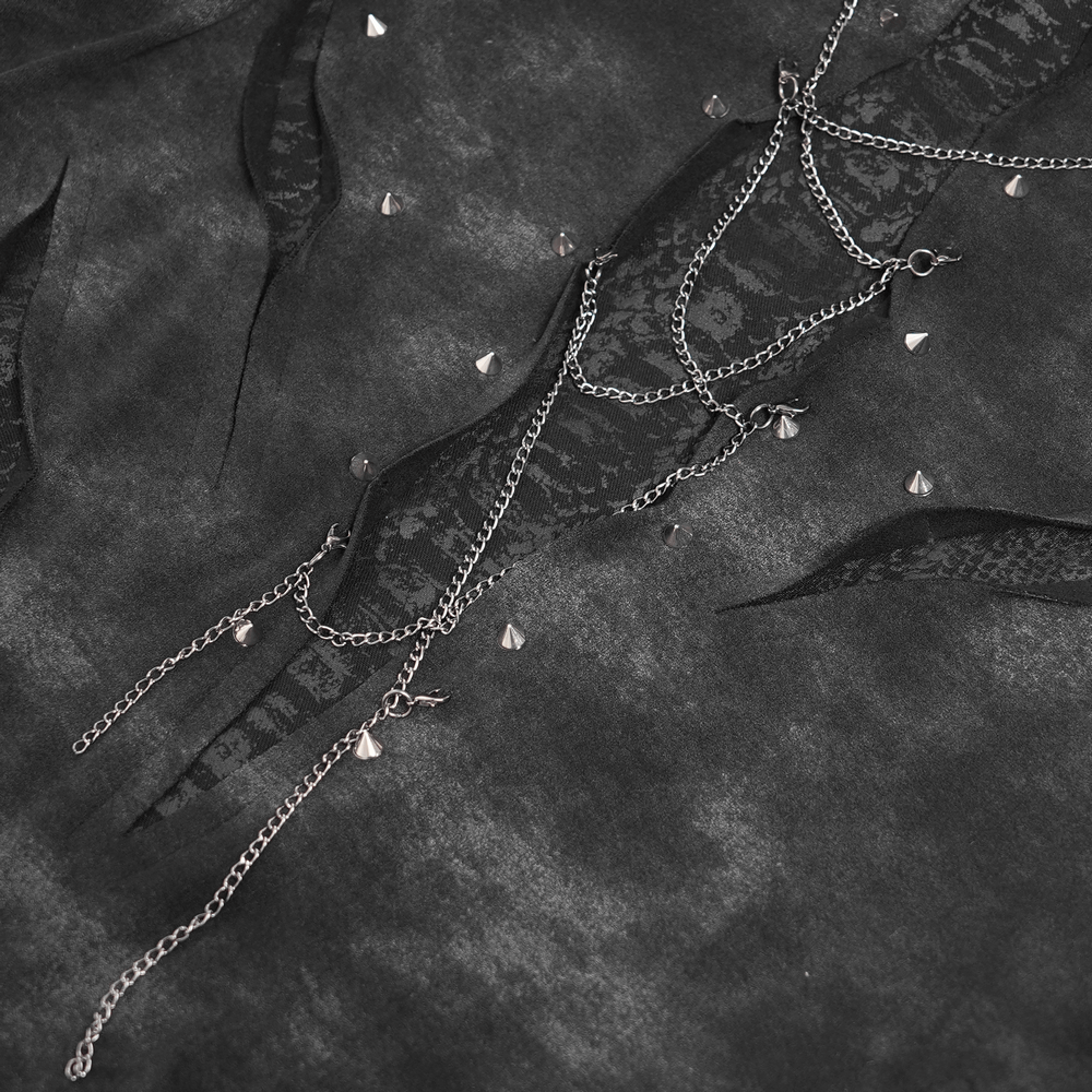 Gothic Long Sleeve Top with Chains and Cutout Design featuring chains and studs on distressed fabric.