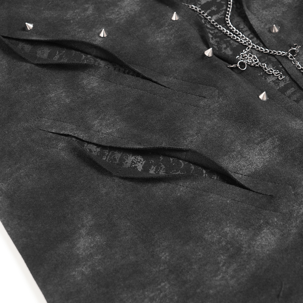 Gothic Long Sleeve Top with Chains and Cutout Design showcasing distressed fabric and metal studs.