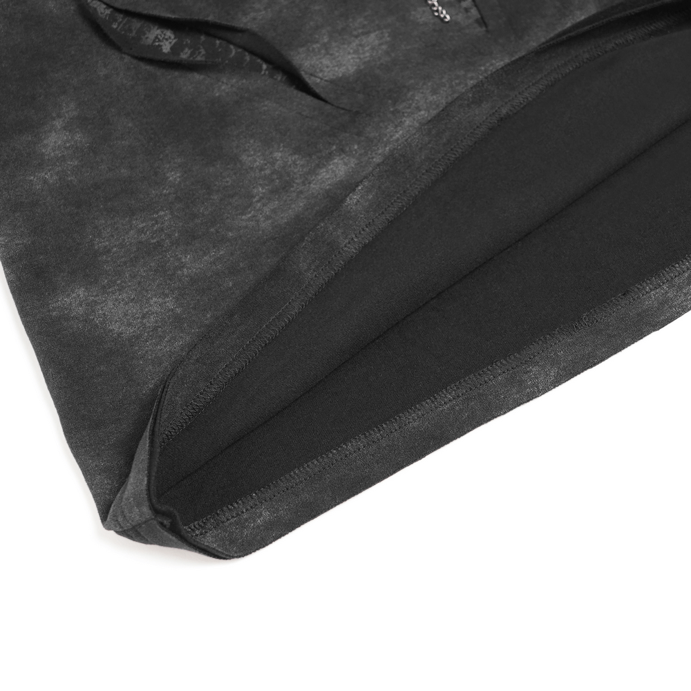 Gothic Long Sleeve Top with Chains and Cutout Design close-up of the unique distressed fabric and stylish hem.
