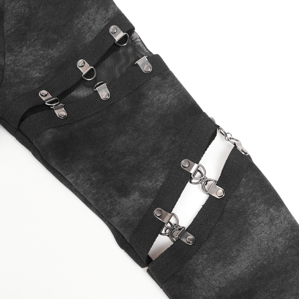 Gothic Long Sleeve Top with Chains and Cutout Design, featuring distressed fabric and mesh strap details.