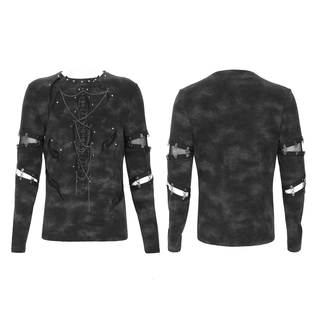 Gothic Long Sleeve Top with Chains and Cutout Design featuring distressed fabric and stud accents.