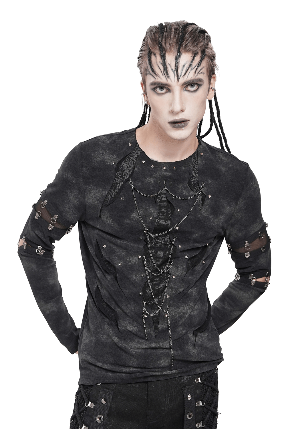 Gothic Long Sleeve Top with Chains and Cutout Design featuring chains, studs, and cutout details for a punk aesthetic.