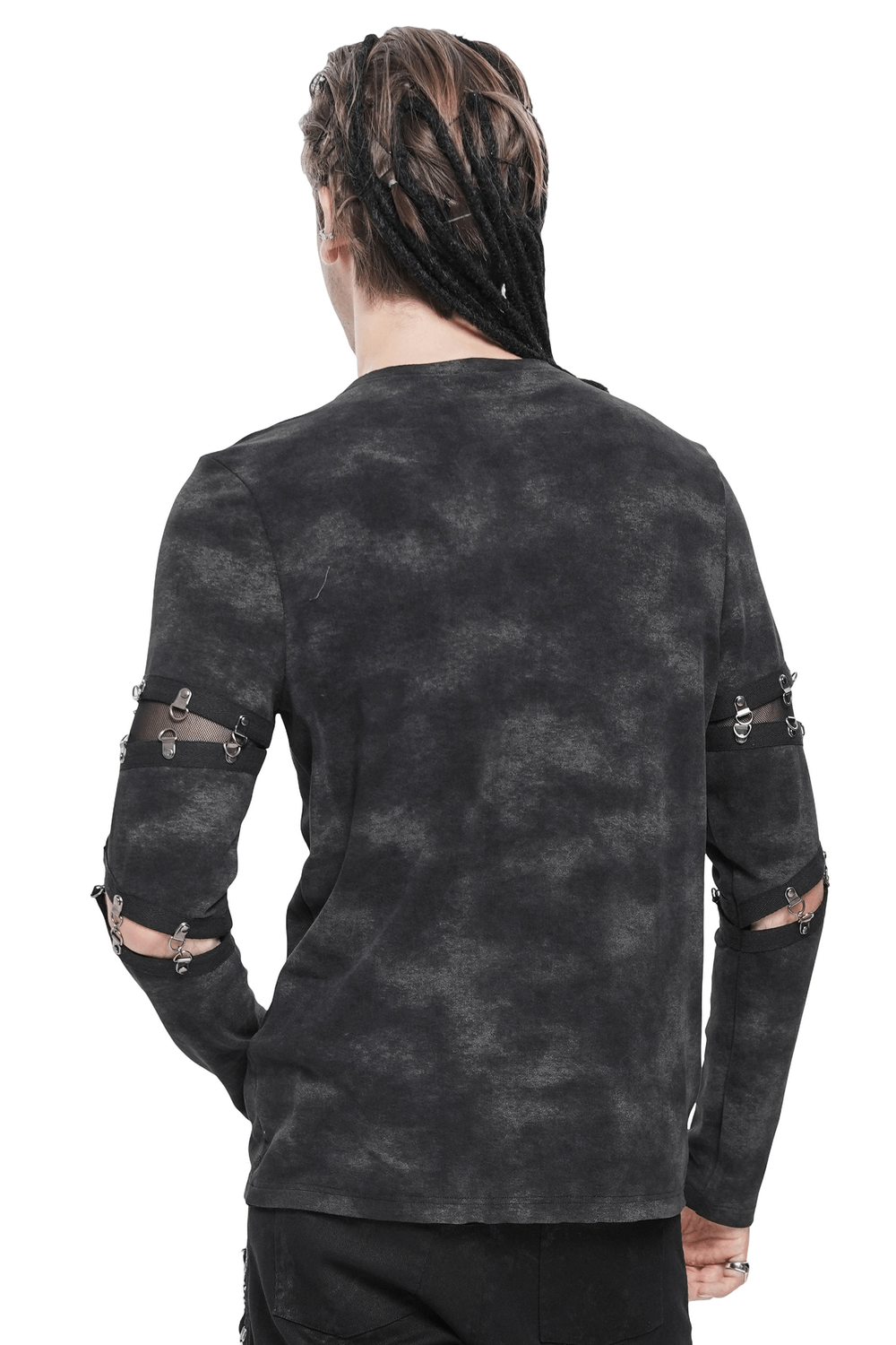 Gothic Long Sleeve Top with Chains and Cutout Design showcasing distressed fabric and layered mesh sleeves.