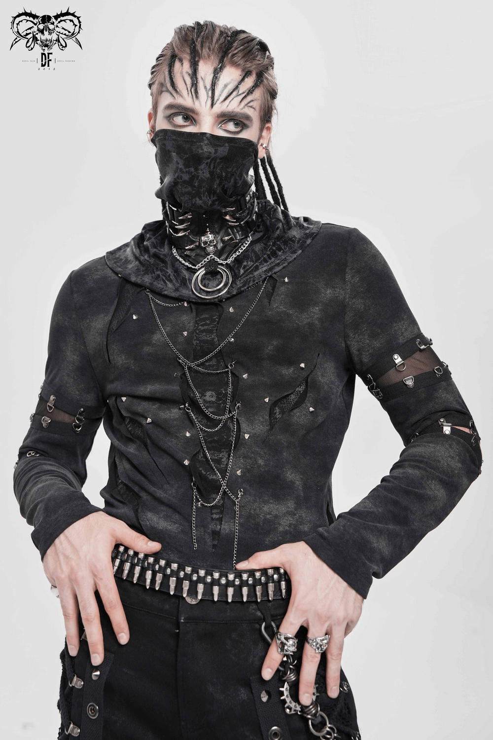 Gothic Long Sleeve Top with Chains and Cutout Design worn by an alternative model, featuring studs and mesh details.
