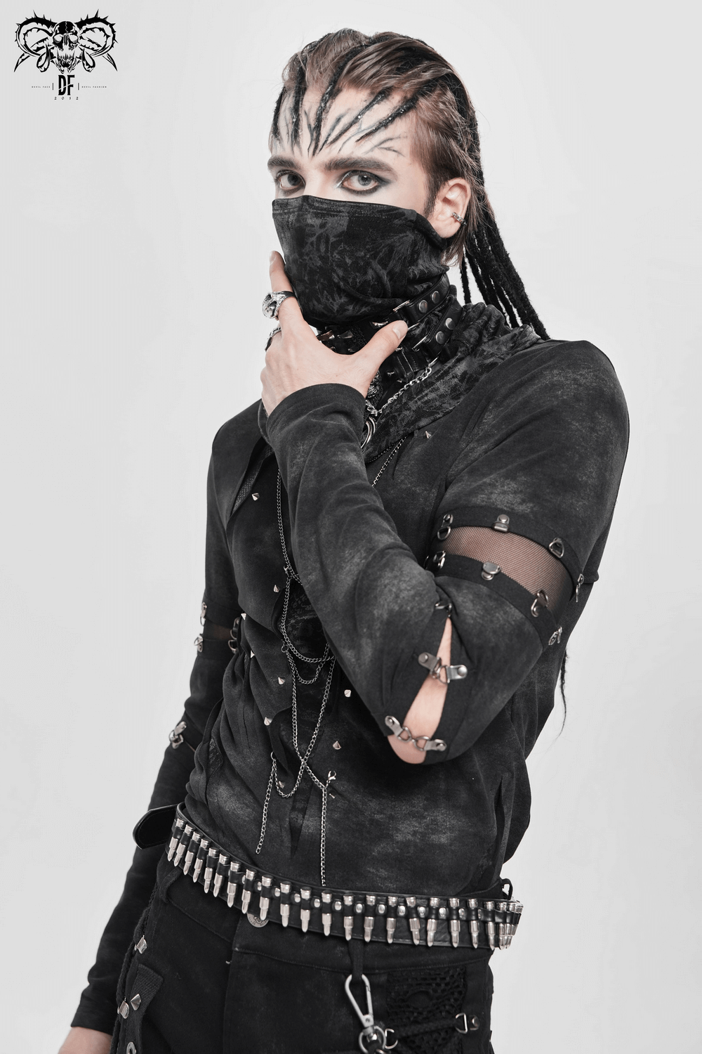 Gothic Long Sleeve Top with Chains and Cutout Design showcasing a punk aesthetic with metal chains and strap details.