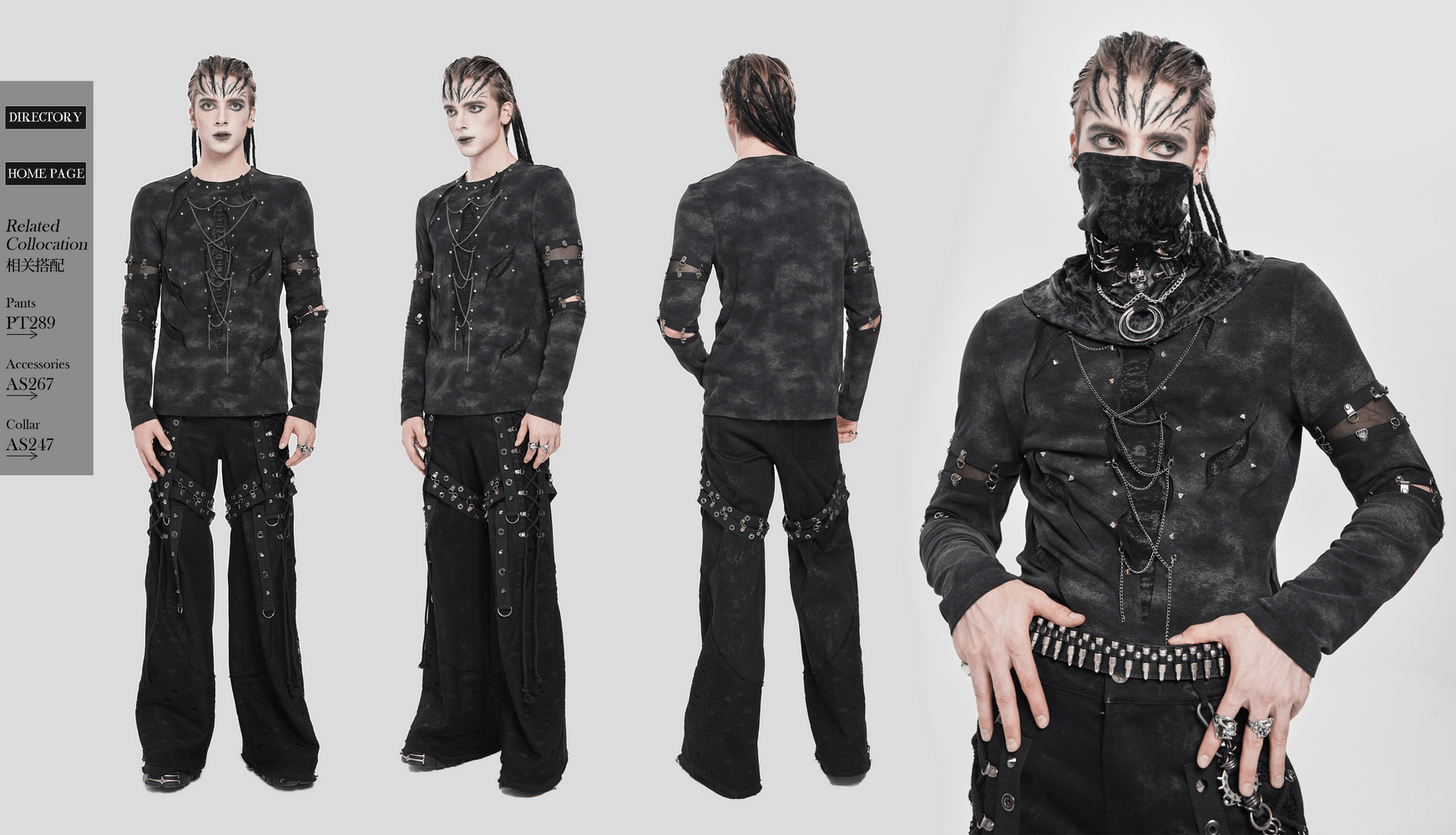 Gothic Long Sleeve Top with Chains and Cutout Design featuring distressed fabric and layered mesh sleeves.