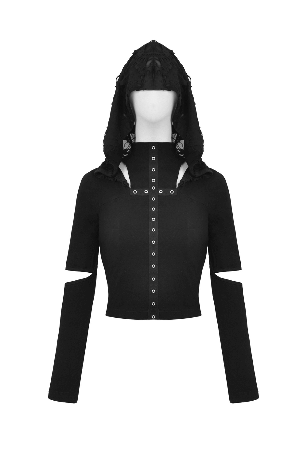 Gothic long sleeve black crop top with eyelets and hood for edgy dark elegance style.