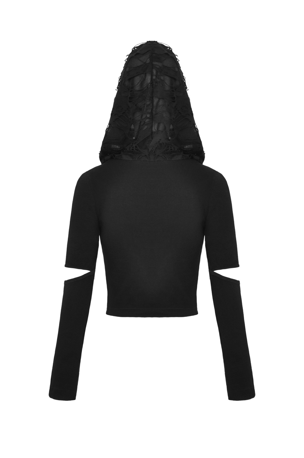 Gothic black crop top with hood and eyelets, featuring cut-out arms for an edgy look, perfect for dark elegance style.