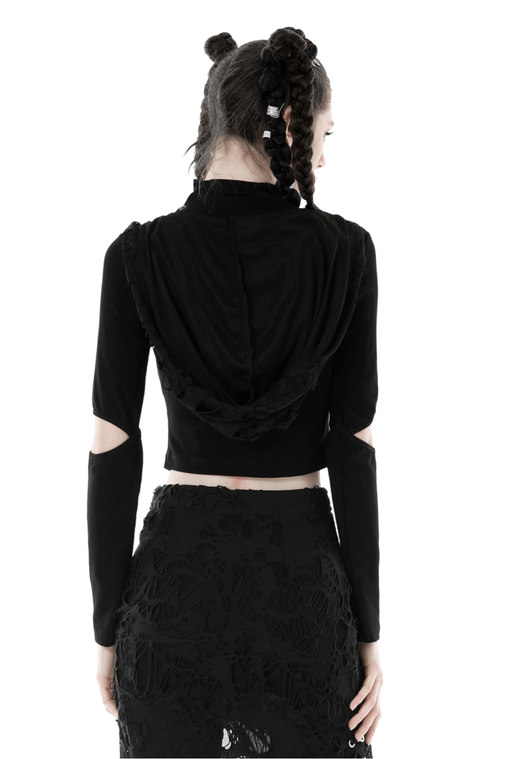 Back view of a gothic black crop top with hood and cut-out sleeves, perfect for dark elegance styling.