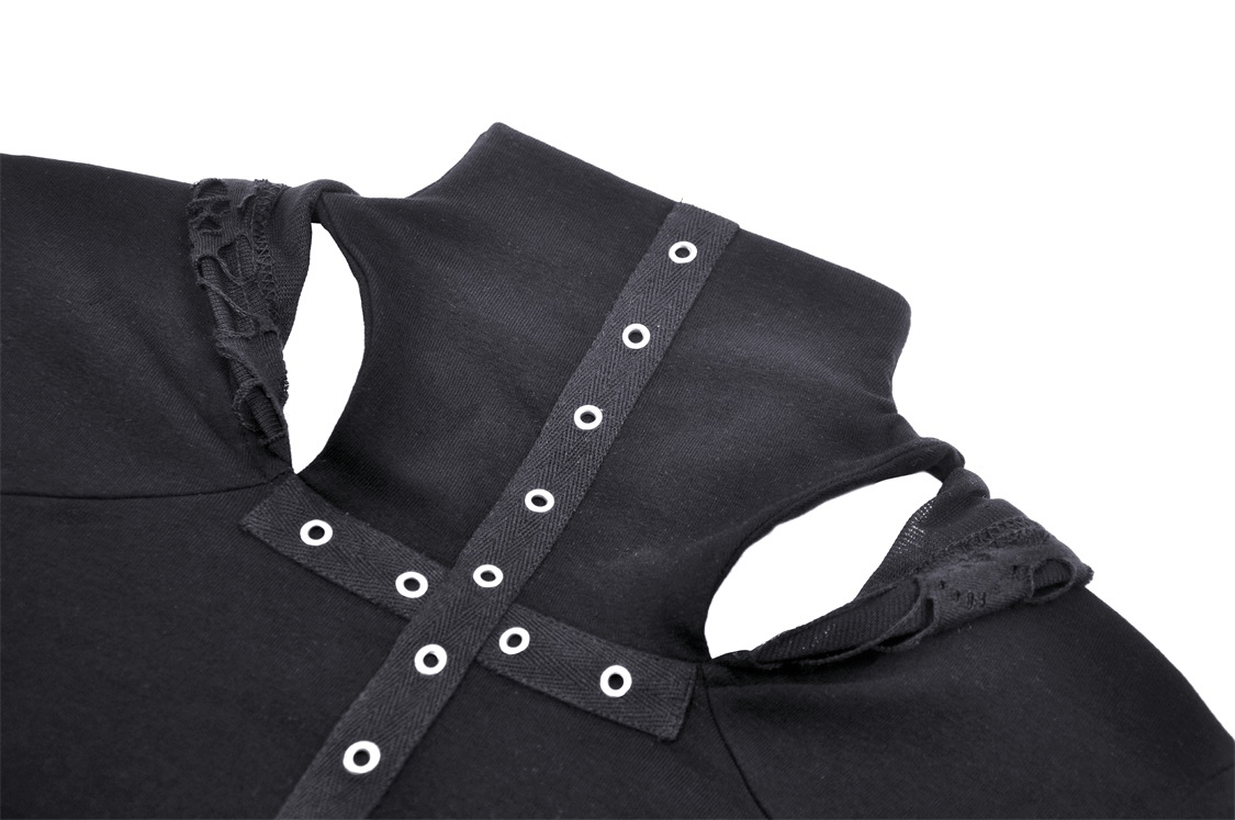 Gothic Long Sleeves Black Crop Top with Eyelets and Hood