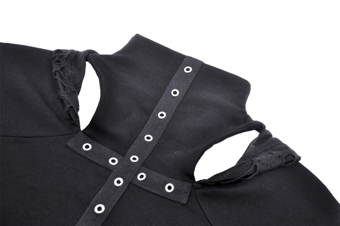 Gothic black crop top featuring eyelets, hood, and cut-out arms for edgy, stylish elegance.