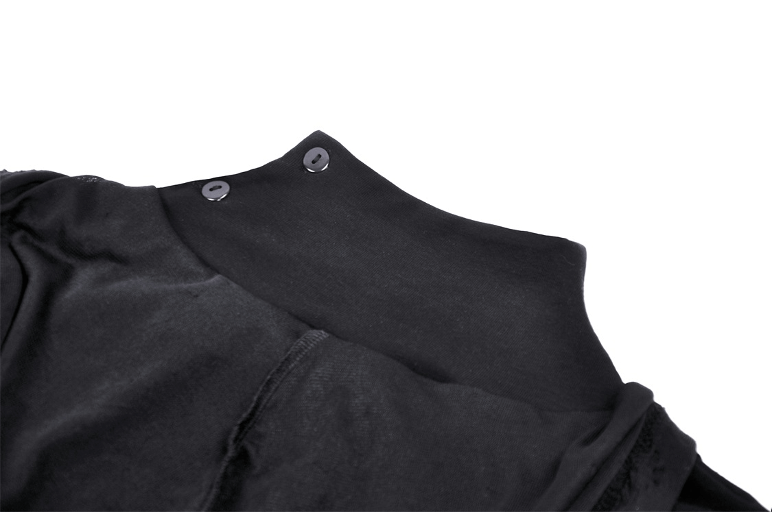 Close-up of the hood and eyelets on a gothic black crop top, showcasing its edgy design and dark elegance.