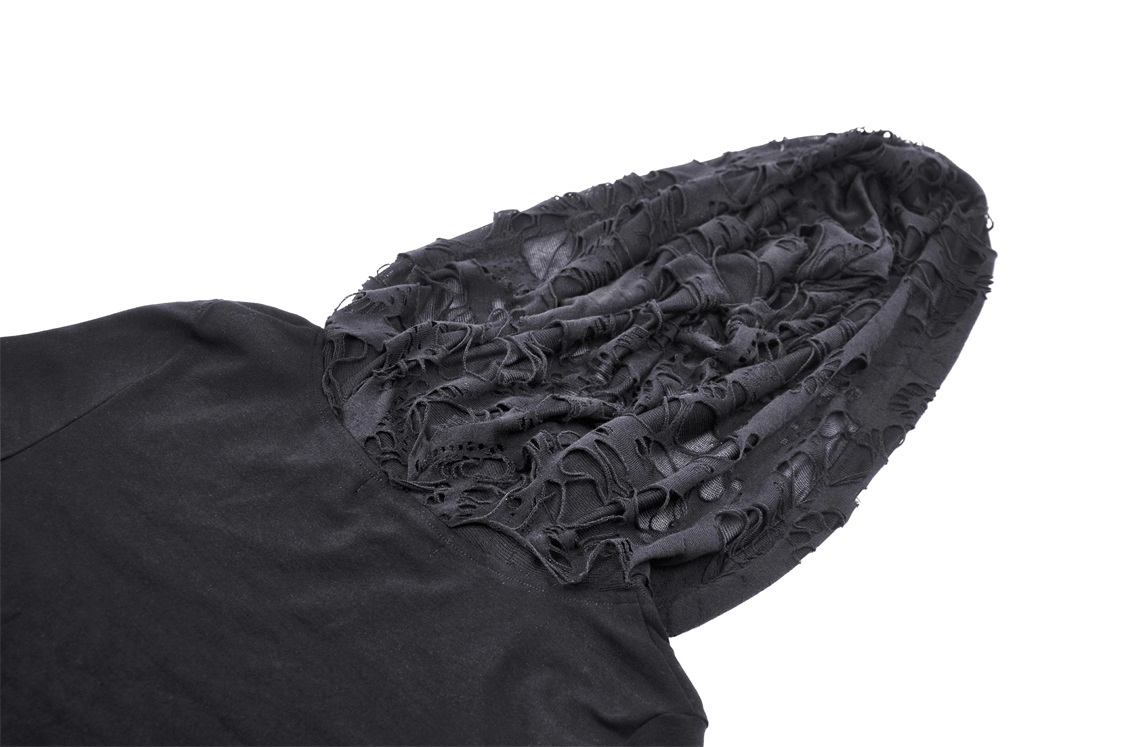 Close-up of a gothic black crop top with an edgy hood featuring frayed fabric details.