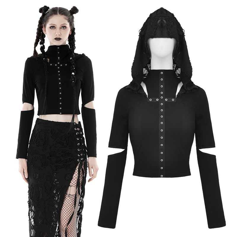 Gothic black crop top with long sleeves, eyelets, and hood, perfect for edgy dark elegance style outfits.
