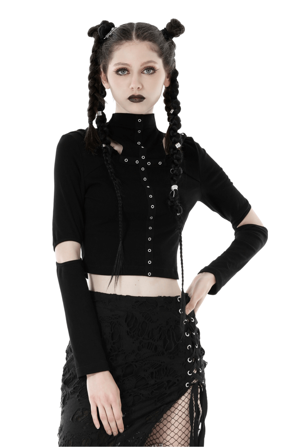 Gothic Long Sleeves Black Crop Top with Eyelets and Hood