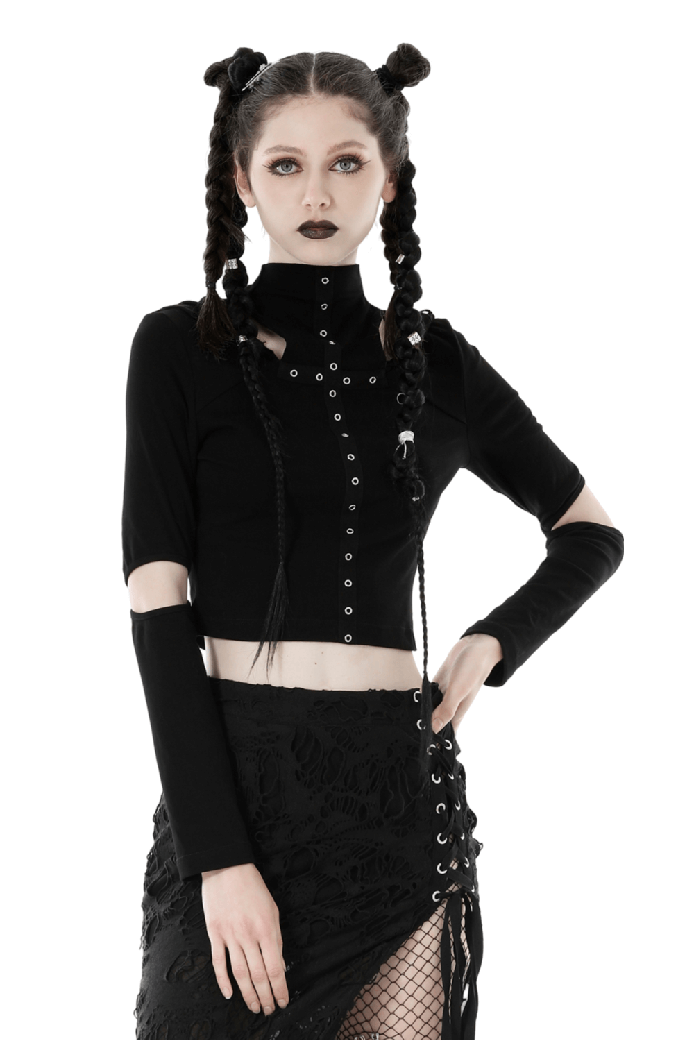 Gothic black crop top with eyelets and hood, styled with a high-waisted skirt and edgy accessories.