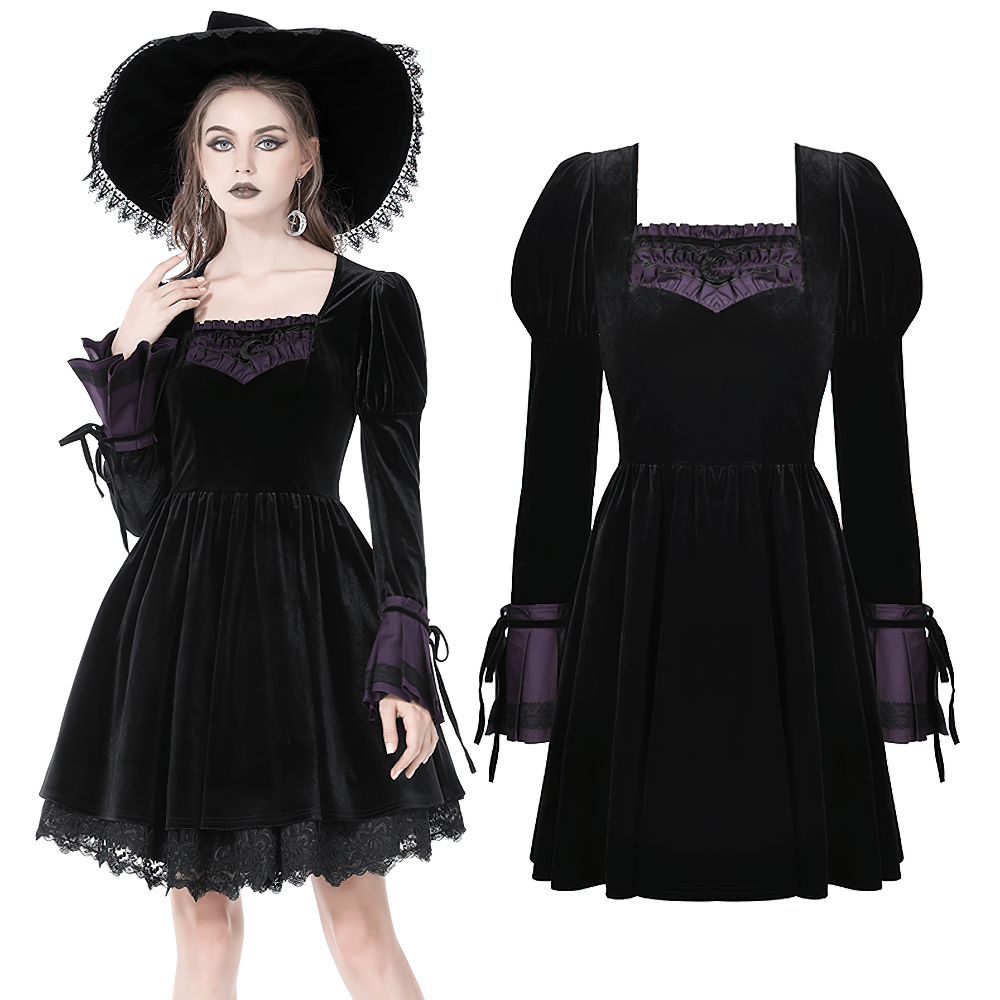 Gothic Long Sleeves Velvet Dress with Lace Overlay