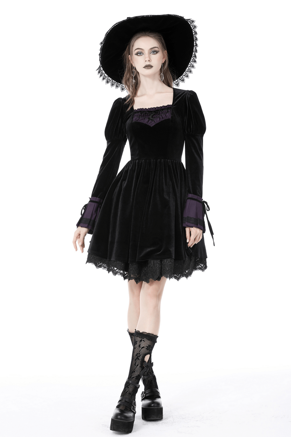 Gothic Long Sleeves Velvet Dress with Lace Overlay