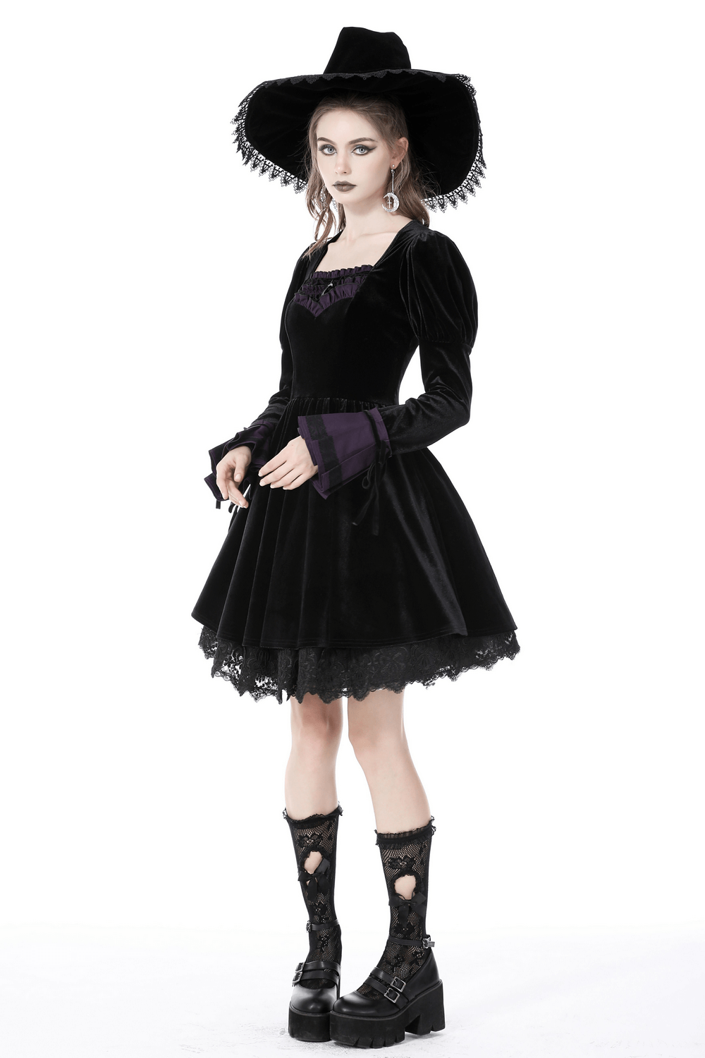 Gothic Long Sleeves Velvet Dress with Lace Overlay