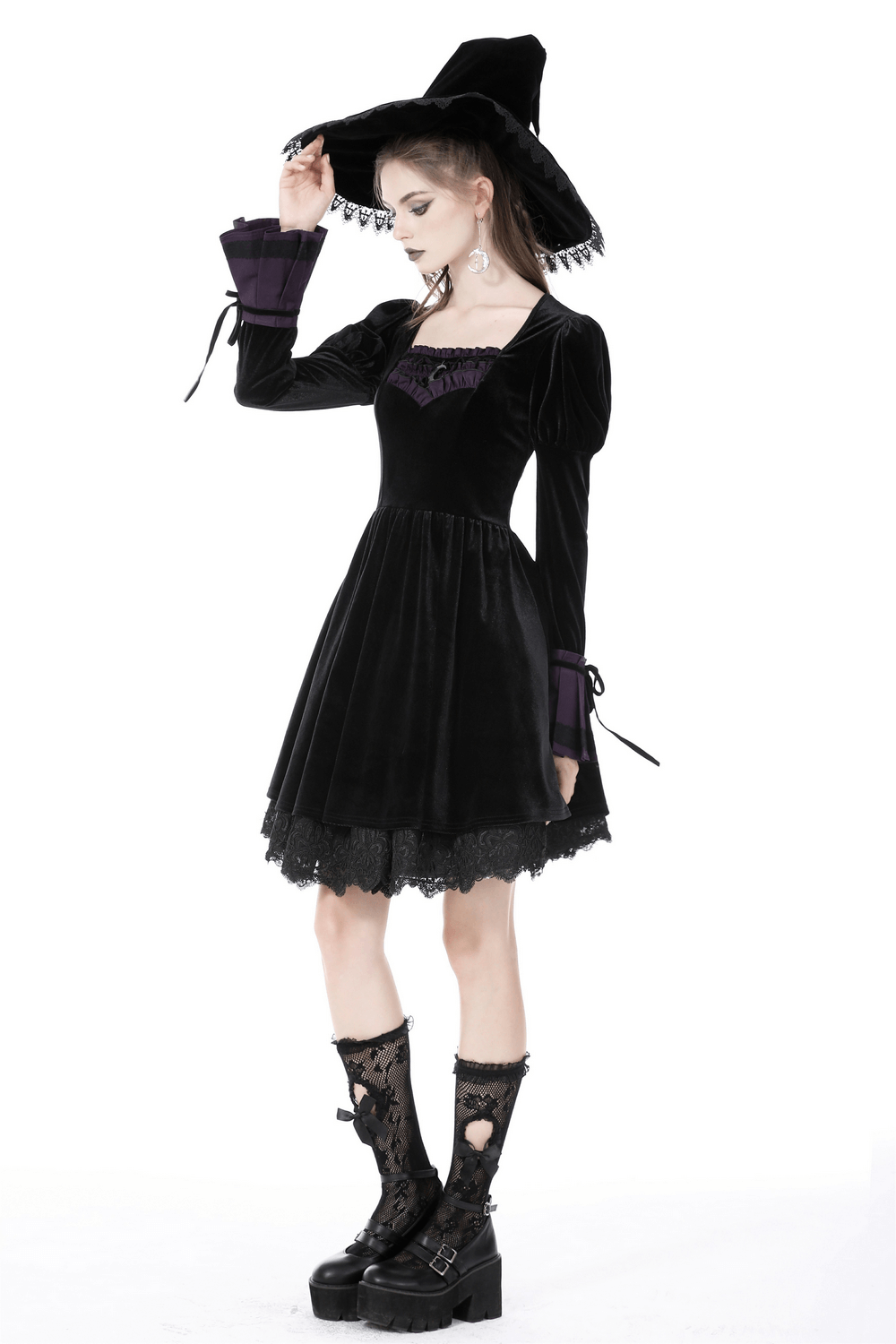 Gothic Long Sleeves Velvet Dress with Lace Overlay