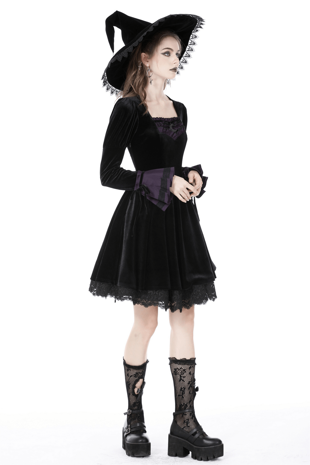 Gothic Long Sleeves Velvet Dress with Lace Overlay