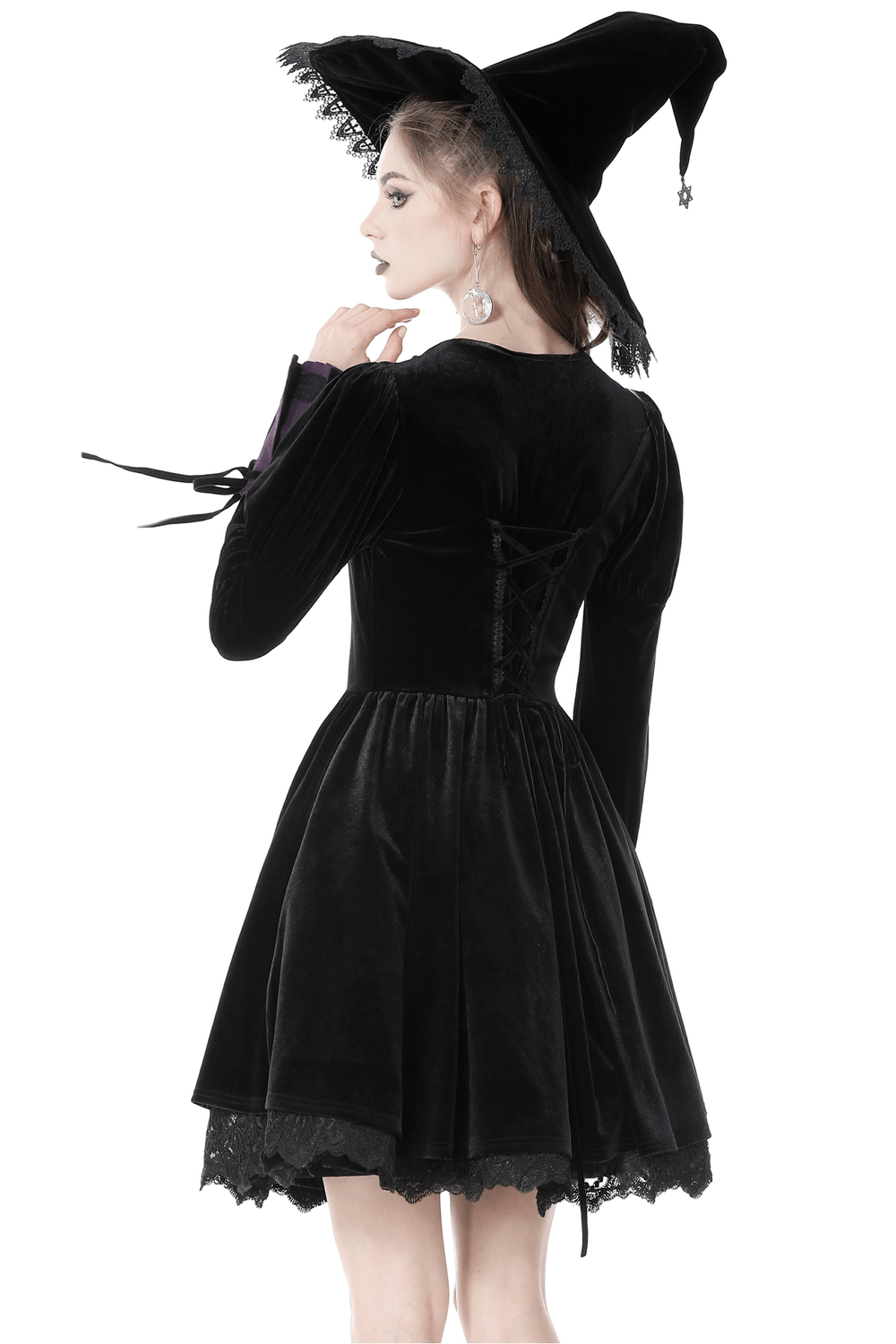 Gothic Long Sleeves Velvet Dress with Lace Overlay