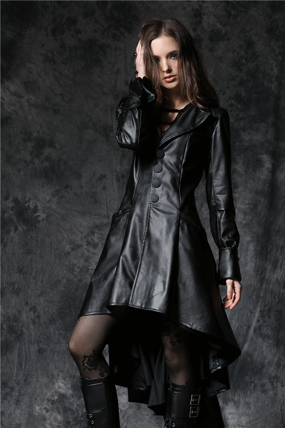 Gothic long tailcoat with hood, asymmetrical hem, and button details, perfect for steampunk or alternative fashion.