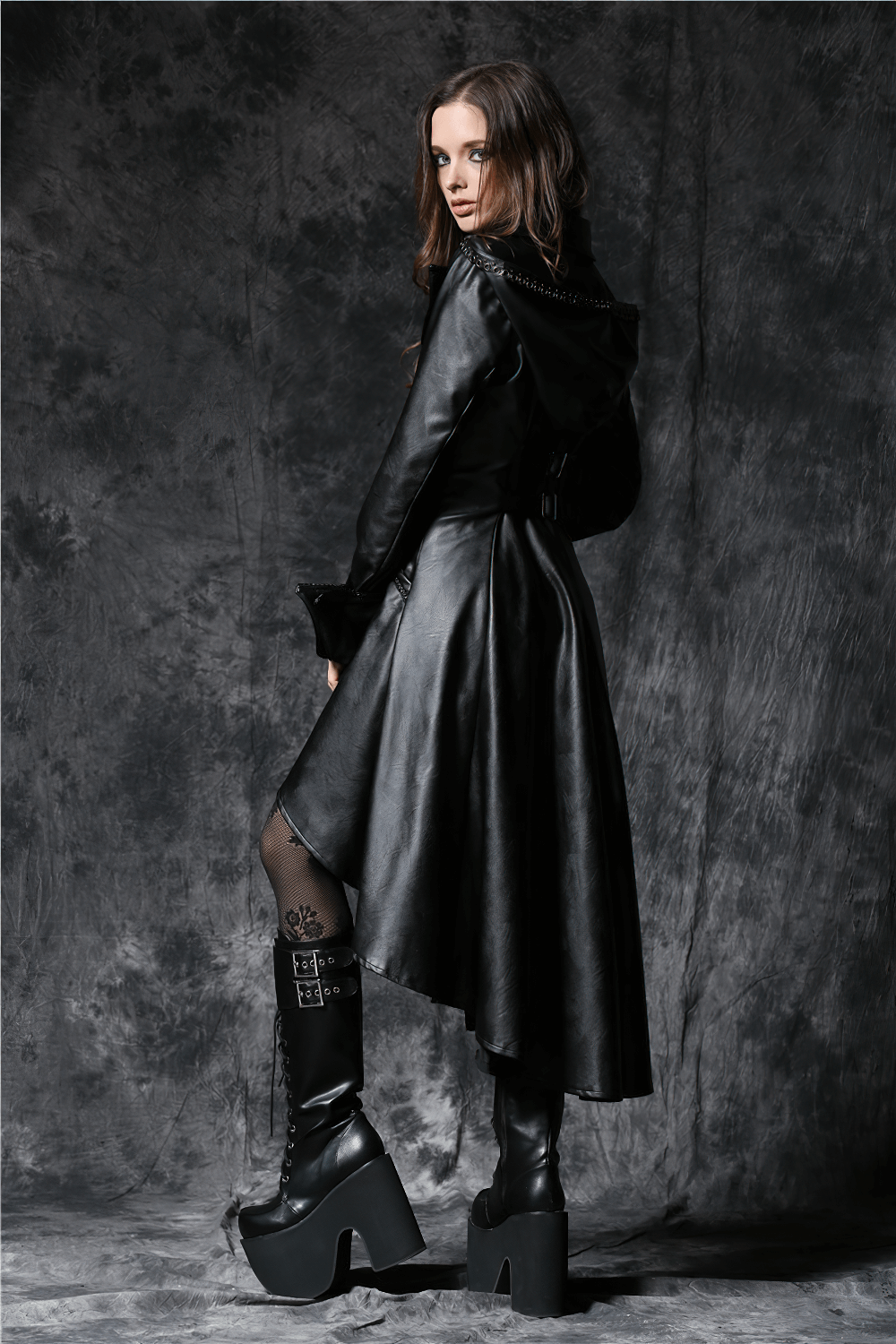 Gothic long tailcoat with hood and button front, styled asymmetrically for a dramatic steampunk look.