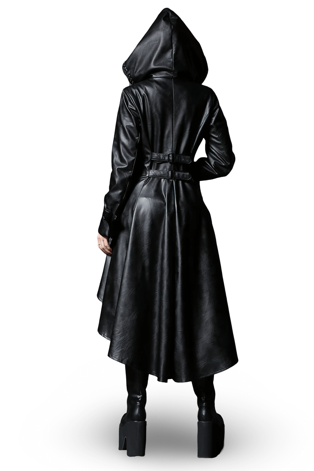 Gothic long tailcoat with hood, showing the back view and adjustable buckles for a striking silhouette.