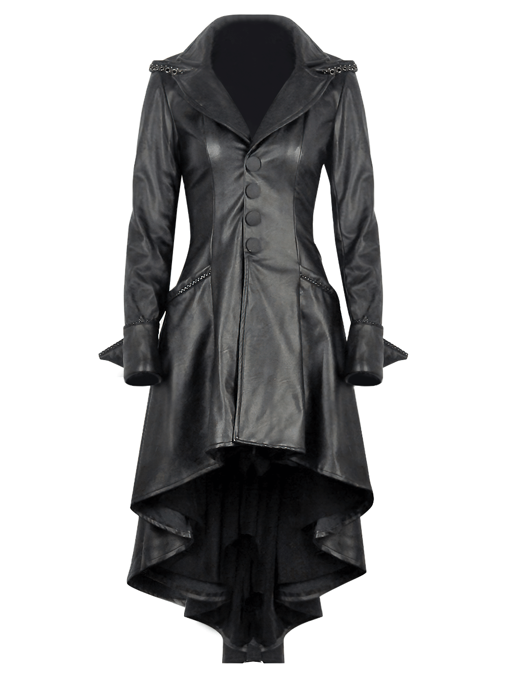 Gothic long tailcoat with hood, button front, and asymmetrical hem ideal for steampunk and alternative fashion.