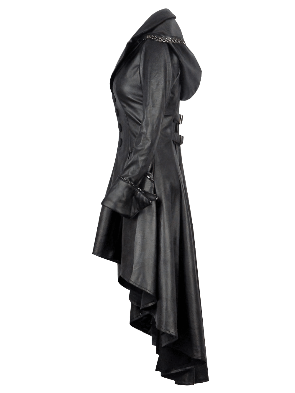 Gothic long tailcoat with hood, asymmetrical hem, and adjustable buckles for a striking steampunk look.