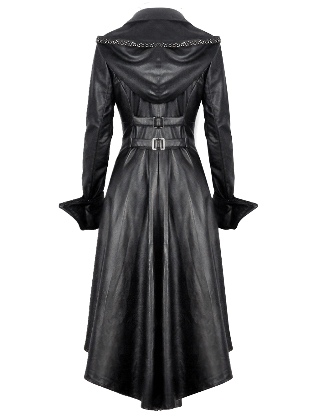 Gothic long tailcoat with hood, button front, and adjustable back buckles for a dramatic steampunk look.