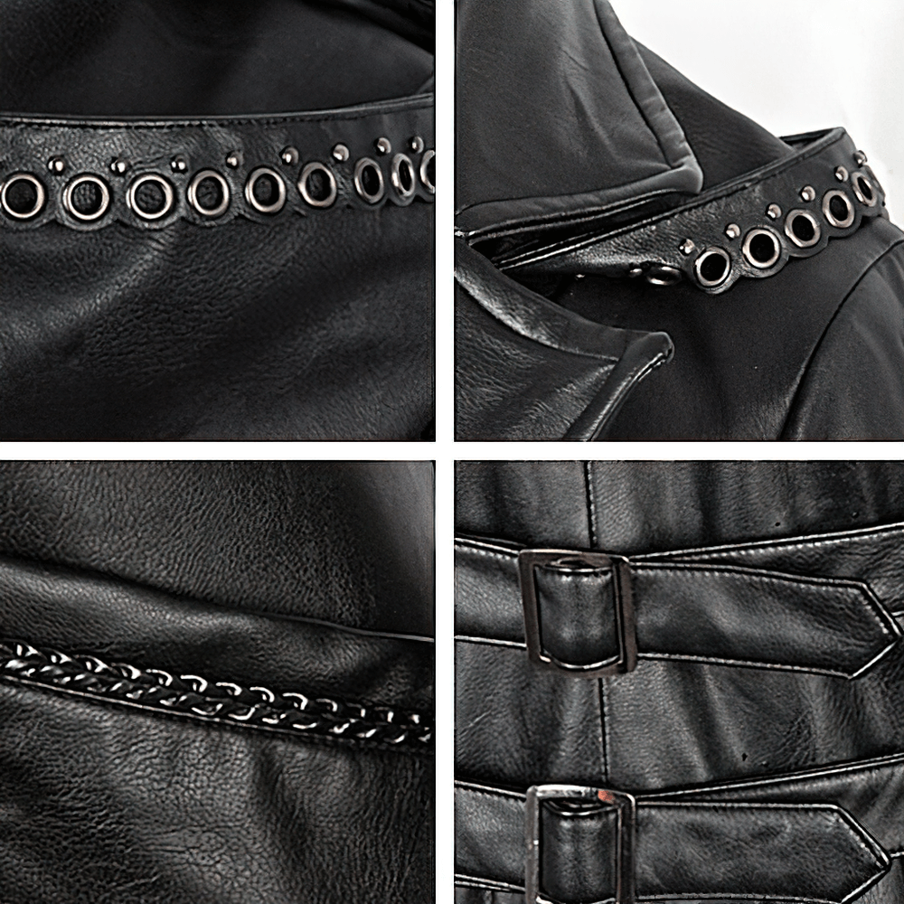 Close-up details of a gothic long tailcoat including buckles and metal grommets, showcasing a steampunk aesthetic.